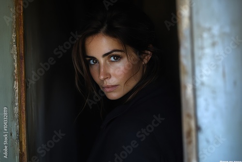 A woman standing in a doorway, half in shadow, her expression unreadable, suggesting the hidden motivations behind extremist beliefs.