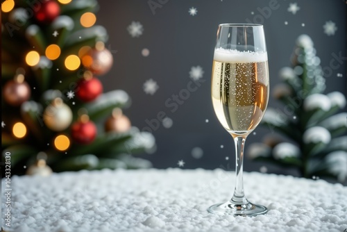 A champagne glass sits on a table in front of a Christmas tree