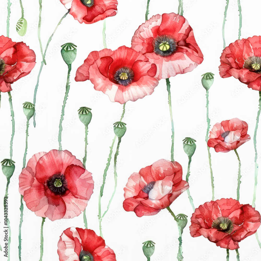 Seamless pattern of hand-painted red poppies and green stems in watercolor style. Seamless pattern of hand-painted red poppies and green stems in watercolor style.