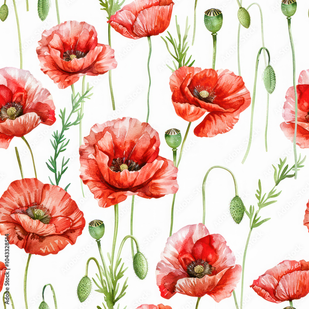 Obraz premium Seamless pattern of hand-painted red poppies and green stems in watercolor style.