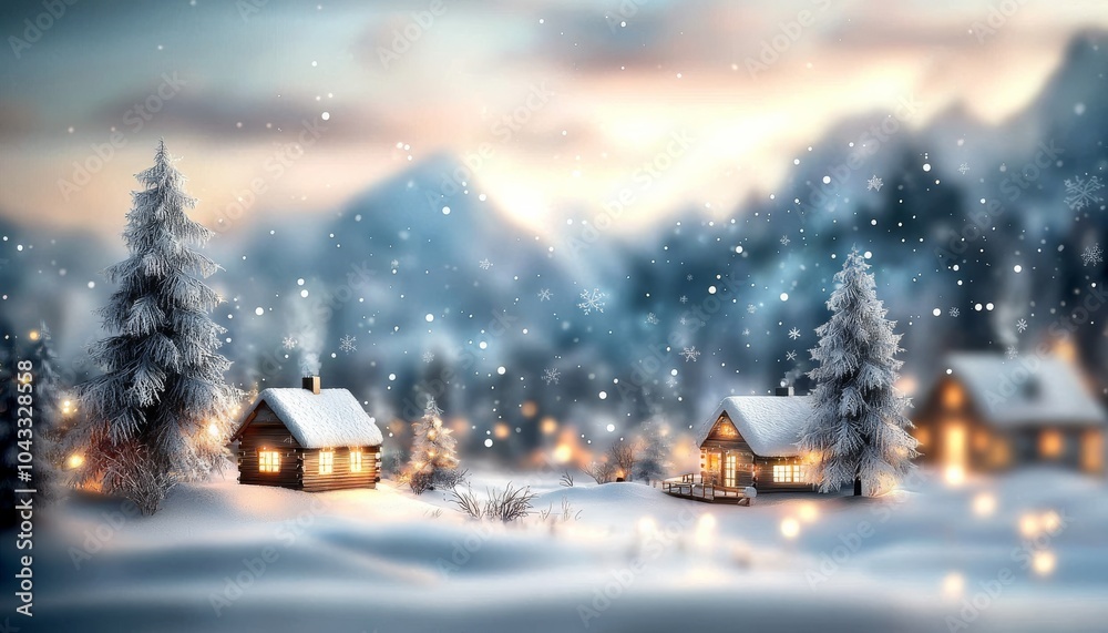 A serene, snowy village scene with cozy cabins and tall evergreen trees, evoking the tranquility and beauty of winter. A serene, snowy village scene with cozy cabins and tall evergreen trees, evoking the tranquility and beauty of winter.