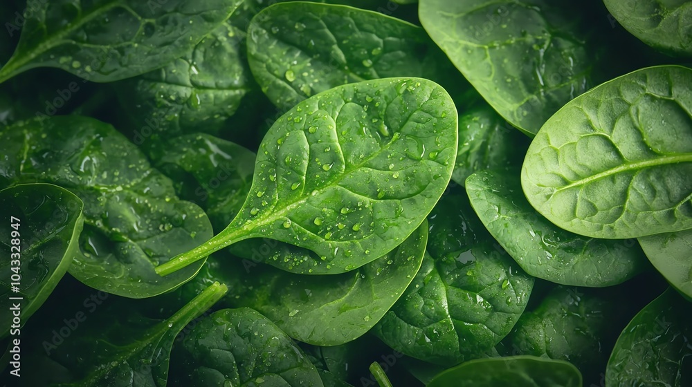 Fototapeta premium Fresh green spinach leaves with water droplets on a dark background.