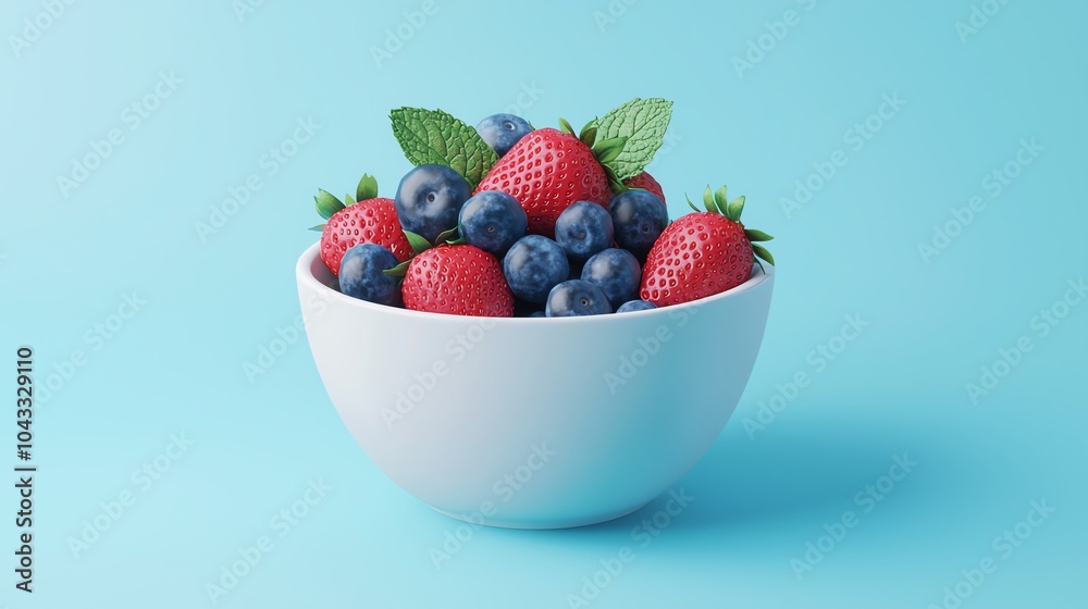 Fresh strawberries and blueberries in a white bowl, on a light blue background. Fresh strawberries and blueberries in a white bowl, on a light blue background.