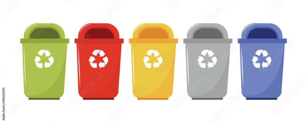 Set of containers with sorted garbage. Waste segregation. Sorting garbage by material and type in colored trash cans. Isolated illustration EPS 10 Set of containers with sorted garbage. Waste segregation. Sorting garbage by material and type in colored trash cans. Isolated illustration EPS 10