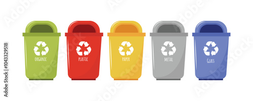 Set of containers with sorted garbage. Waste segregation. Different types of garbage: organic, metal, plastic, paper and glass. Isolated illustration EPS 10