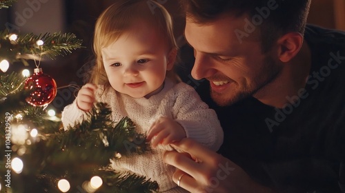 Young parents having fun decorating Christmas tree with their cute little baby girl, placing Christmas lights on it while decorating home for winter holiday season photo