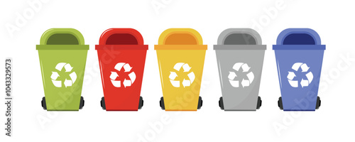 Sorting garbage by material and type in colored trash cans. Separating and recycling garbage vector infographic. Isolated illustration EPS 10