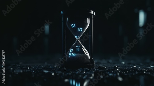 A solitary hourglass stands against a dark, abstract backdrop, its sand flowing inexorably, a stark reminder of the fleeting nature of time.   photo