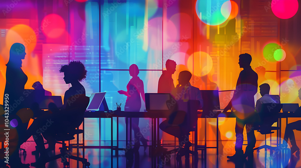 A dynamic abstract background with silhouettes of business people sitting around a table A dynamic abstract background with silhouettes of business people sitting around a table