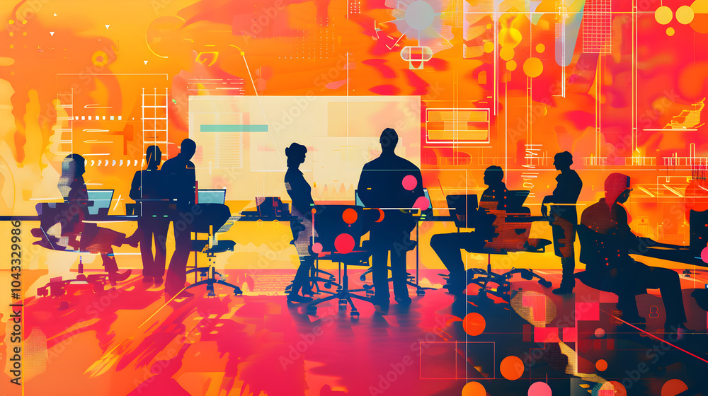 A dynamic abstract background with silhouettes of business people sitting around a table A dynamic abstract background with silhouettes of business people sitting around a table