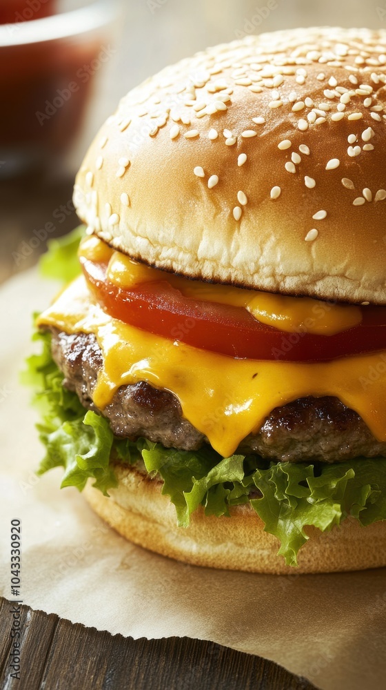 Delicious cheeseburger resting on paper on a wooden table
