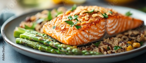 Balanced meal featuring panseared salmon fillet with almond crust, served alongside asparagus and wild rice, elegant presentation, vibrant and nutritious photo