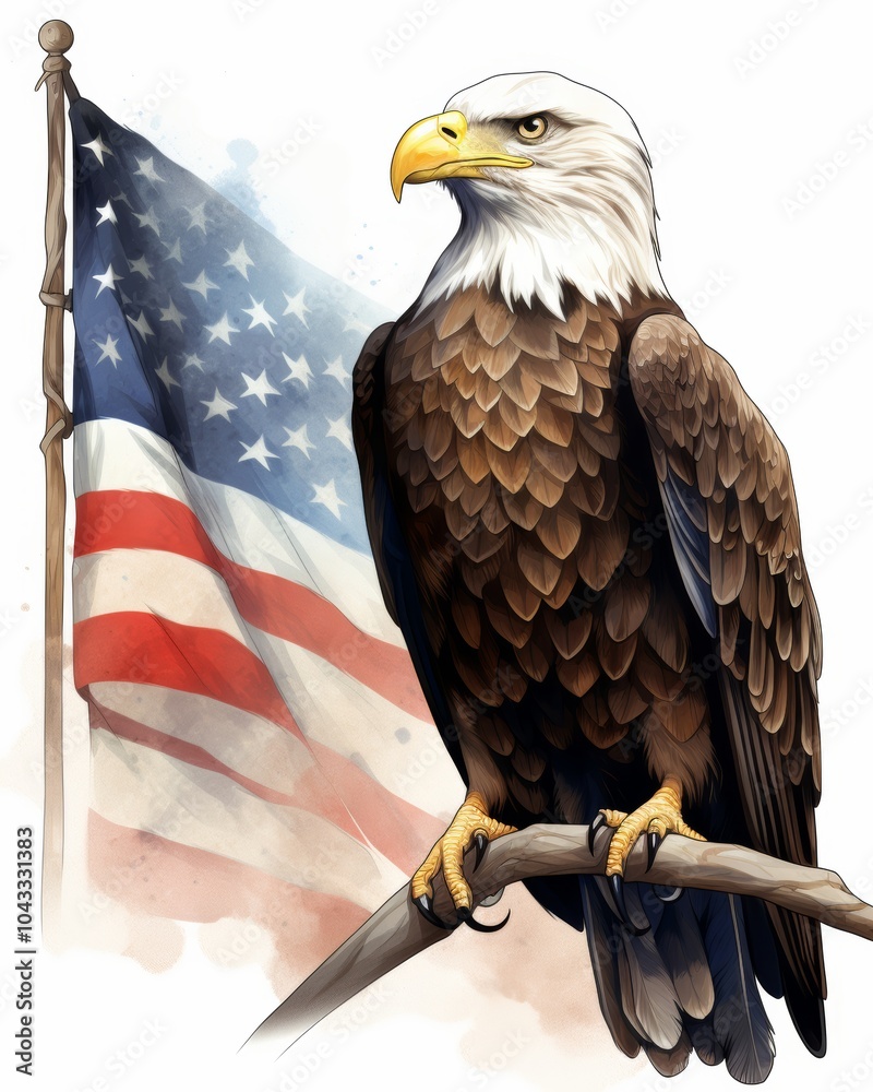 Naklejka premium A stunning of a majestic eagle perched on a branch, proudly set against an American flag backdrop, showcasing symbols of freedom and patriotism.