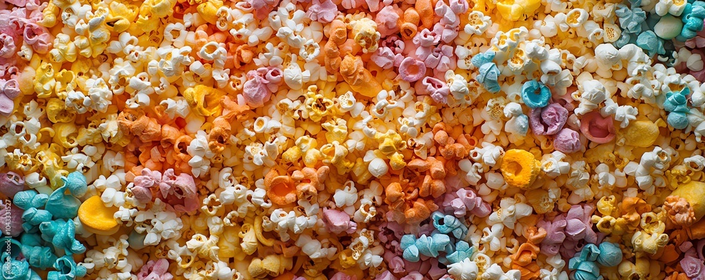 Closeup aerial shot of a colorful pile of popcorn snacks, scattered on a theater floor, showcasing different shapes and textures, fun and festive Closeup aerial shot of a colorful pile of popcorn snacks, scattered on a theater floor, showcasing different shapes and textures, fun and festive