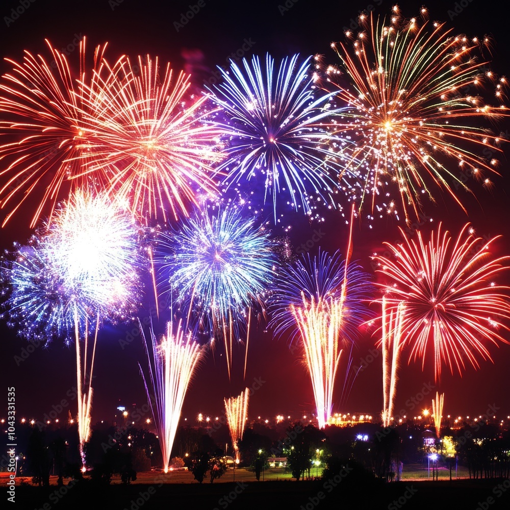 Vibrant fireworks exploding in the night sky over a cityscape, illuminating the scene with colorful bursts and glowing trails of light. Vibrant fireworks exploding in the night sky over a cityscape, illuminating the scene with colorful bursts and glowing trails of light.