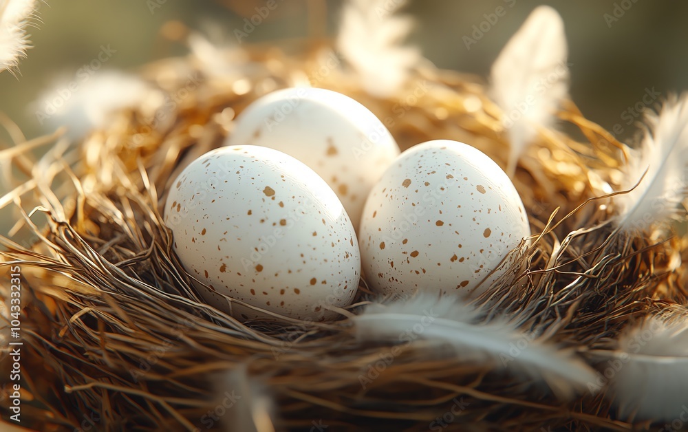 Closeup of white chicken eggs nestled in a rustic nest, surrounded by soft straw and delicate feathers, natural lighting, high detail Closeup of white chicken eggs nestled in a rustic nest, surrounded by soft straw and delicate feathers, natural lighting, high detail
