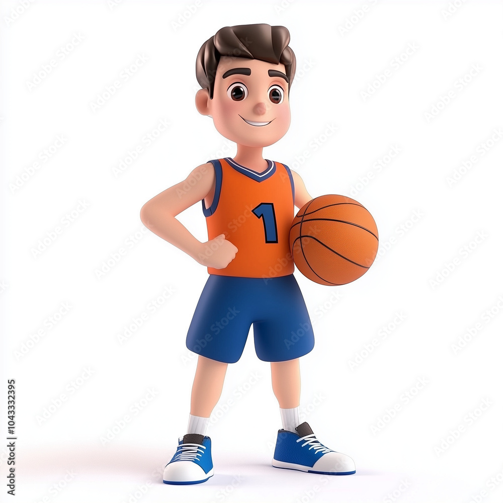 Cartoon Basketball Player Holding Ball in Orange and Blue Uniform on White Background Cartoon Basketball Player Holding Ball in Orange and Blue Uniform on White Background