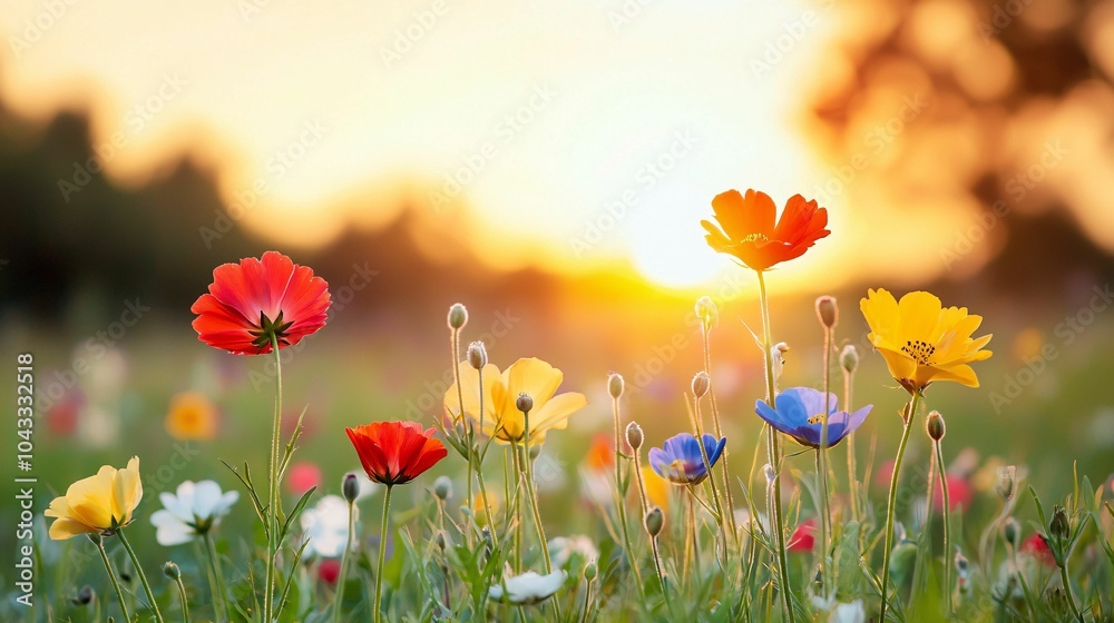 Fototapeta premium A vibrant meadow of colorful flowers blooms under the warm glow of the setting sun, creating a serene and picturesque landscape.