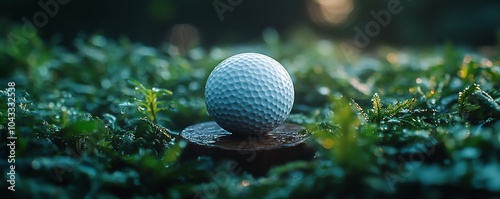 Closeup shot from a low angle of a pristine golf ball on a wooden tee, surrounded by fresh grass, dramatic lighting, sports photography photo