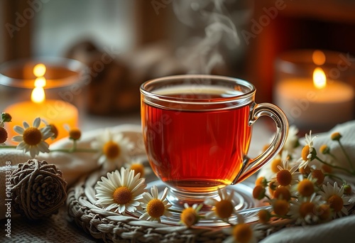 Warm Cup of Tea with Daisies and Candles for a Cozy Evening