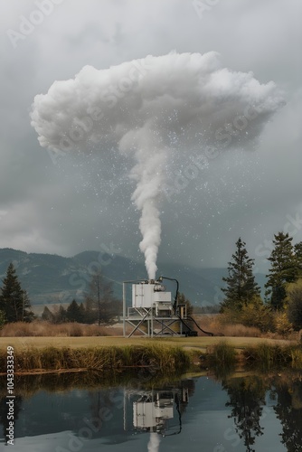 A photo of a geo-engineering experiment where a machine is releasing tiny particles into the atmosphere. The machine is set up on the ground, and it's releasing a white cloud of particles into the sky