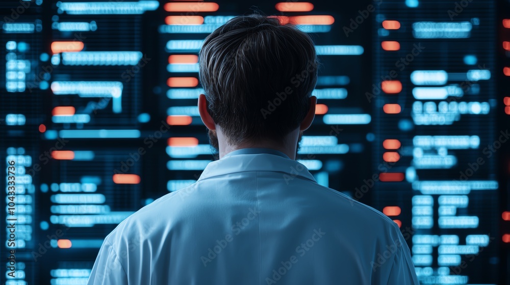 Scientist observing data on futuristic display screen in dark environment. Scientist observing data on futuristic display screen in dark environment.