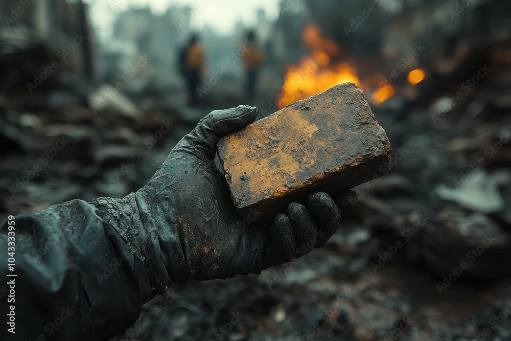 A close-up of a gloved hand holding a brick, with the background showing an urban protest scene, symbolizing the readiness for direct action A close-up of a gloved hand holding a brick, with the background showing an urban protest scene, symbolizing the readiness for direct action
