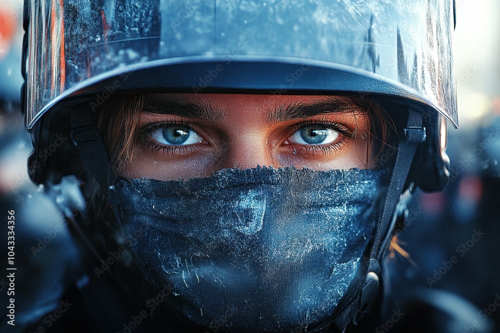 A close-up of a person wearing goggles and a respirator, with a background of tear gas-filled streets, symbolizing the preparation for and response to police tactics A close-up of a person wearing goggles and a respirator, with a background of tear gas-filled streets, symbolizing the preparation for and response to police tactics