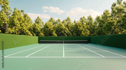 Wallpaper Mural Tennis court surrounded by trees, clear blue sky, vibrant green space. Torontodigital.ca