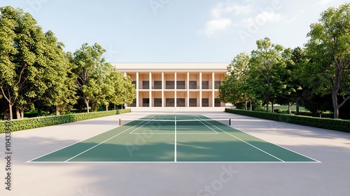 Wallpaper Mural Tennis court with a modern building and lush trees in the background. Torontodigital.ca