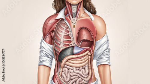 Anatomical illustration of female torso showcasing detailed internal organs, muscles, and systems. This educational artwork highlights complexity of human anatomy