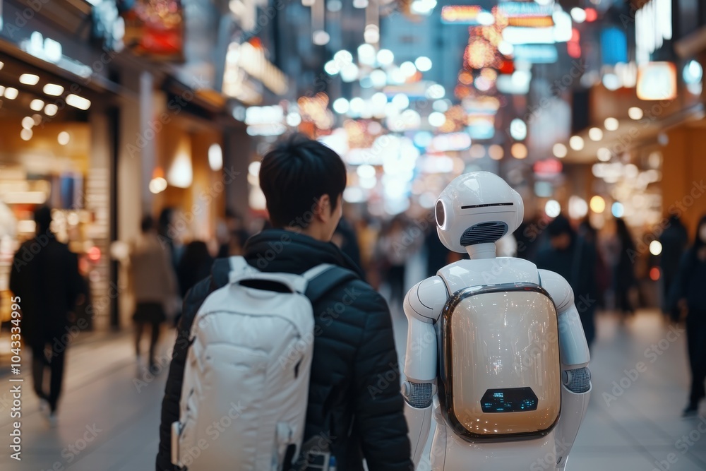 A human and a robot walk side-by-side through a bustling city street filled with vibrant lights, symbolizing companionship and futuristic urban life. A human and a robot walk side-by-side through a bustling city street filled with vibrant lights, symbolizing companionship and futuristic urban life.
