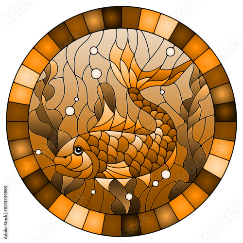 Illustration in stained glass style with an abstract gold fish on the background of water and algae, tone brown