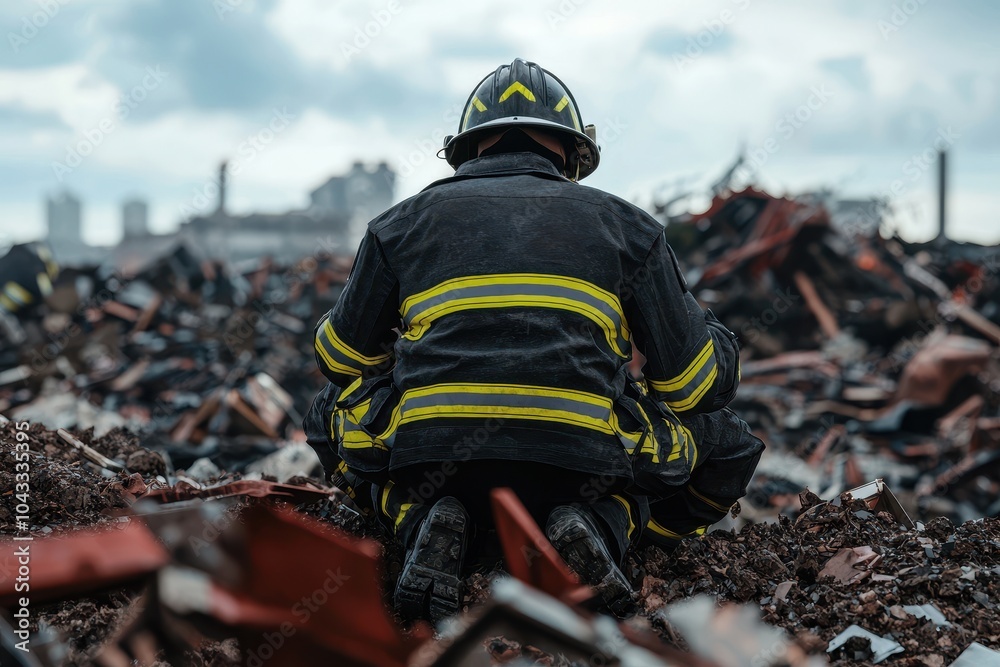 Firefighter assessing damage in a disaster site on a cloudy day. Firefighter assessing damage in a disaster site on a cloudy day.