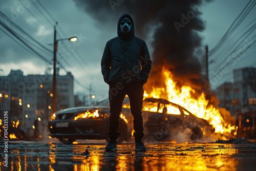 A masked figure standing in front of a burning car, representing the extreme actions sometimes associated with Antifa photo