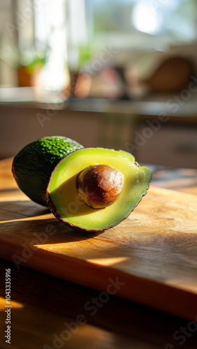 Hass avocado cut in half, vibrant green flesh, large brown seed, close-up view