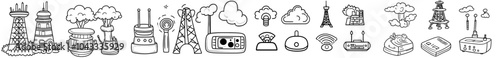 Antenna icon set. Communication towers, transmitter receiver wireless signal icon. Radio tower, antenna. Wireless connection icon.