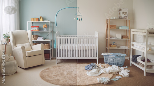 nursery showcasing clean and organized side contrasted with messy area, highlighting challenges of parenting. serene atmosphere is disrupted by scattered clothes and toys