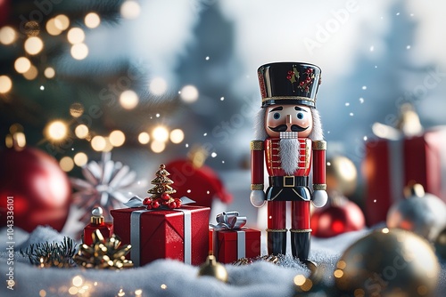 Christmas nutcracker toy among gifts ,ornaments standing beside decorated christmas tree outdoors. Ai Generative photo