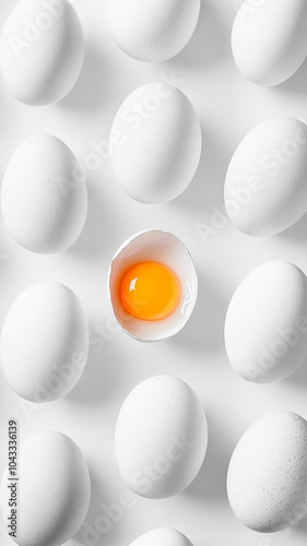 A close-up of white eggs arranged in rows, with one egg broken open to reveal the yolk inside, symbolizing new life and creativity. The background is pure white for contrast.
