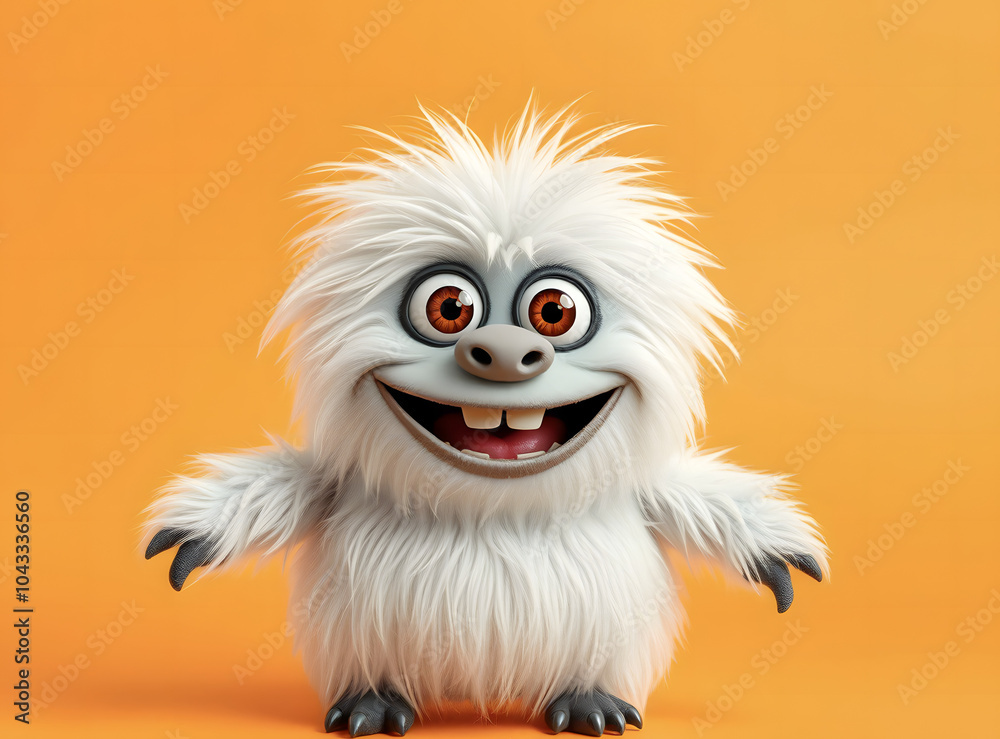 Obraz premium Cheerful fluffy monster on a clean bright orange background. Joyful and furry little monster. Charming yeti. Halloween character.