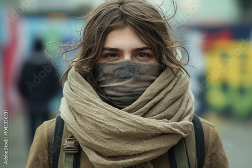 A young protester with a scarf over their face, holding a sign, standing in front of a crowd, representing the collective action and solidarity of Antifa