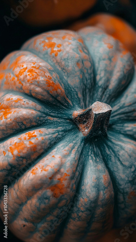 Pumpkin top view, extreme close-up, macro photography, detailed shot, high-resolution photography, professional color grading, soft shadows, low contrast, clean, sharp focus, stock photography, natura photo