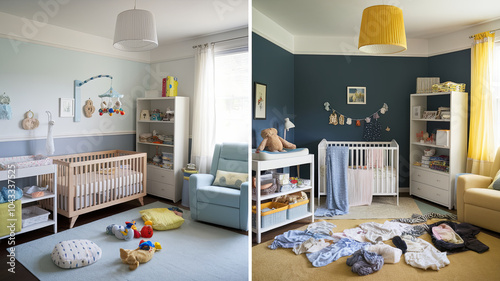 side by side comparison of clean and messy nursery, showcasing contrast between organized and chaotic spaces. clean side features well arranged crib and decor, while messy side has toys and clothes