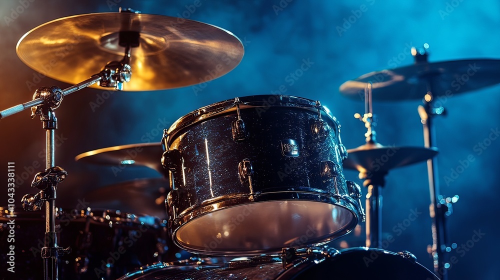 Obraz premium A set of drums with shiny cymbals ready for a live performance. 