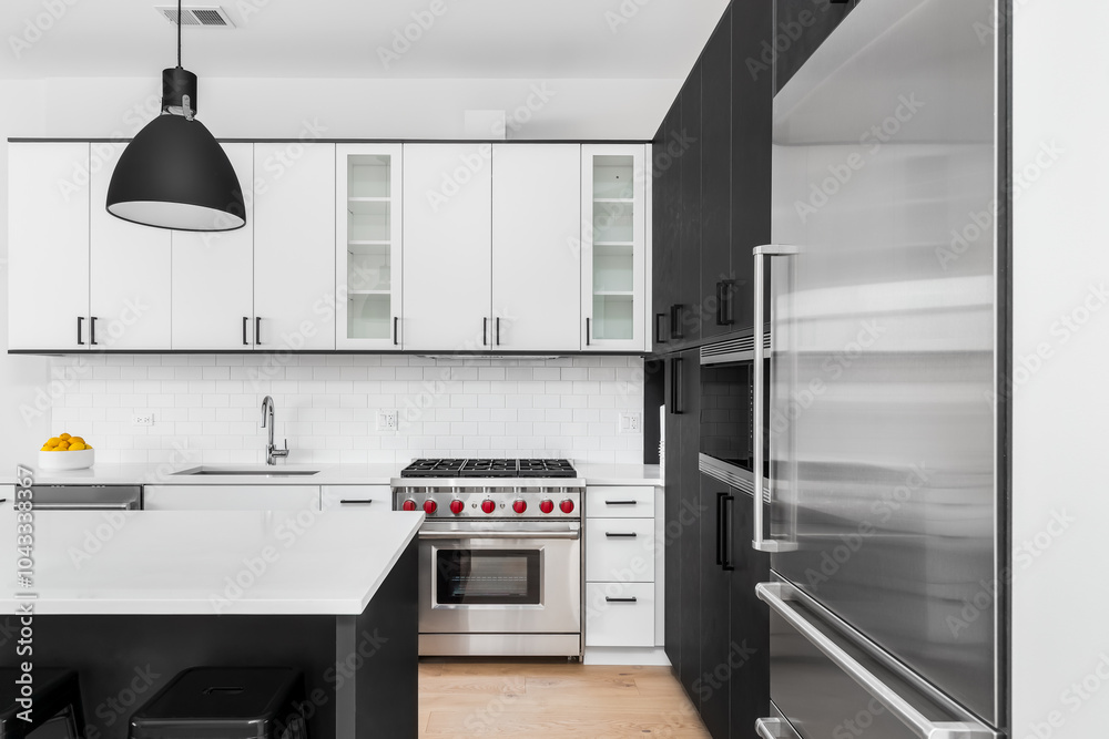 A modern kitchen with white and black cabinets, bar stools sitting at a ...
