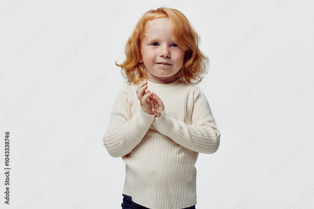 Innocent redhaired girl with clasped hands in front of white background, symbolizing purity and beauty at a photoshoot$_ Innocent redhaired girl with clasped hands in front of white background, symbolizing purity and beauty at a photoshoot$_