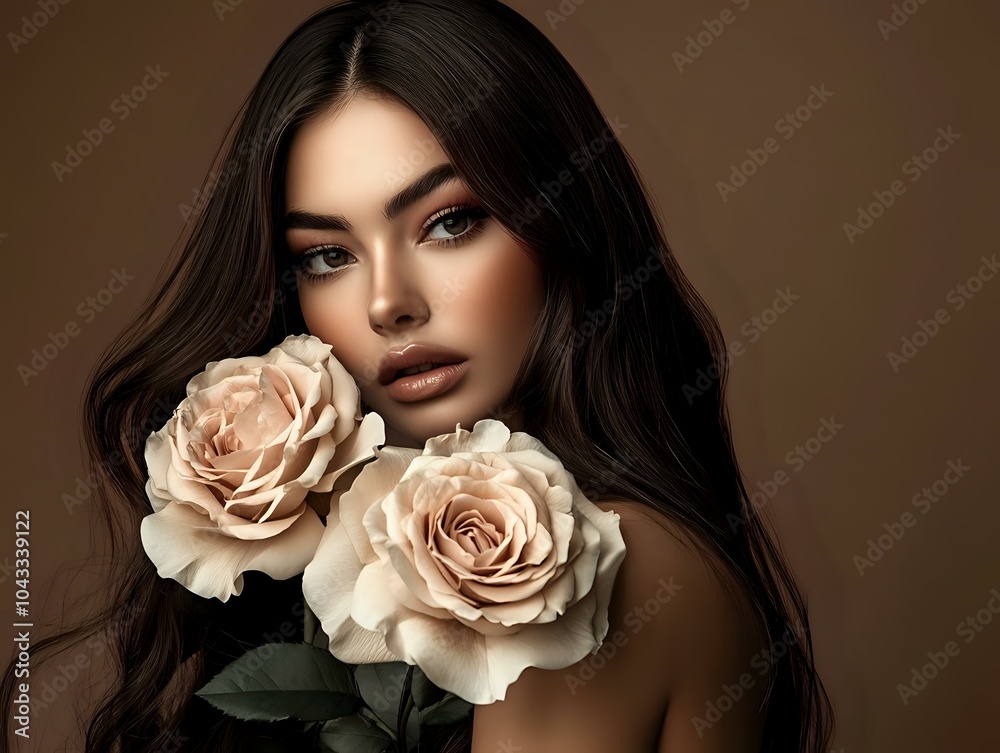 Portrait of woman holding pale roses with soft natural tones. Portrait of woman holding pale roses with soft natural tones.