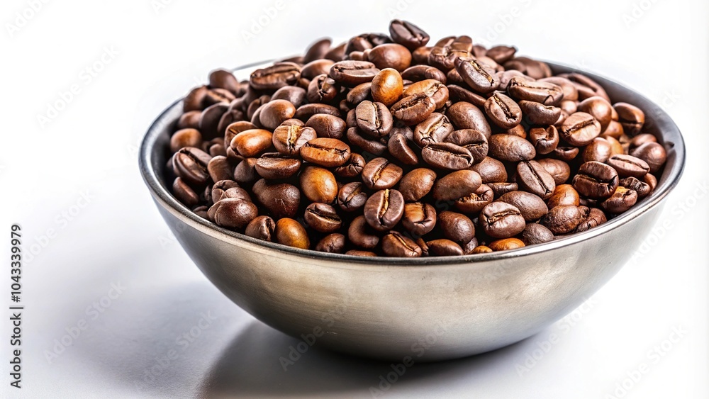 Roasted coffee beans in metal bowl on white background Roasted coffee beans in metal bowl on white background