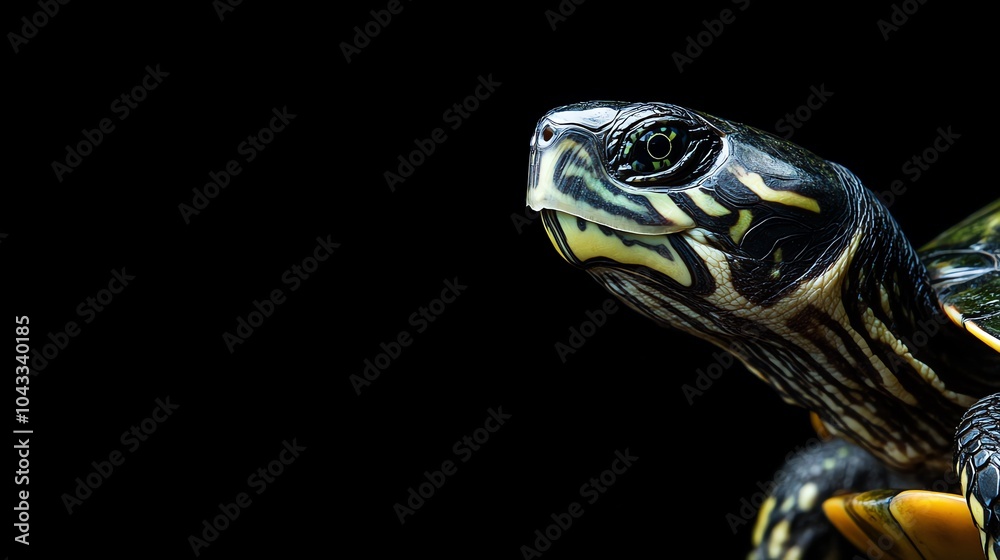 Fototapeta premium A turtle with a colorful shell on a black background.